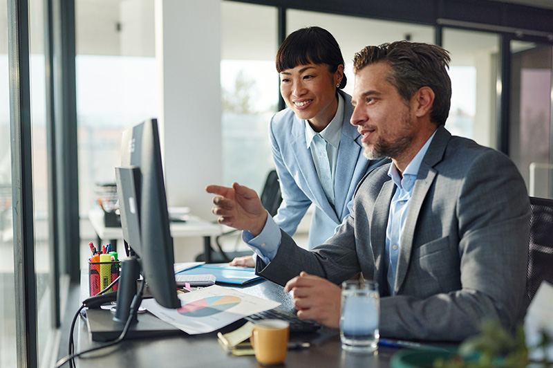 A businesswoman looks at a collegues computer monitor as he explains his work